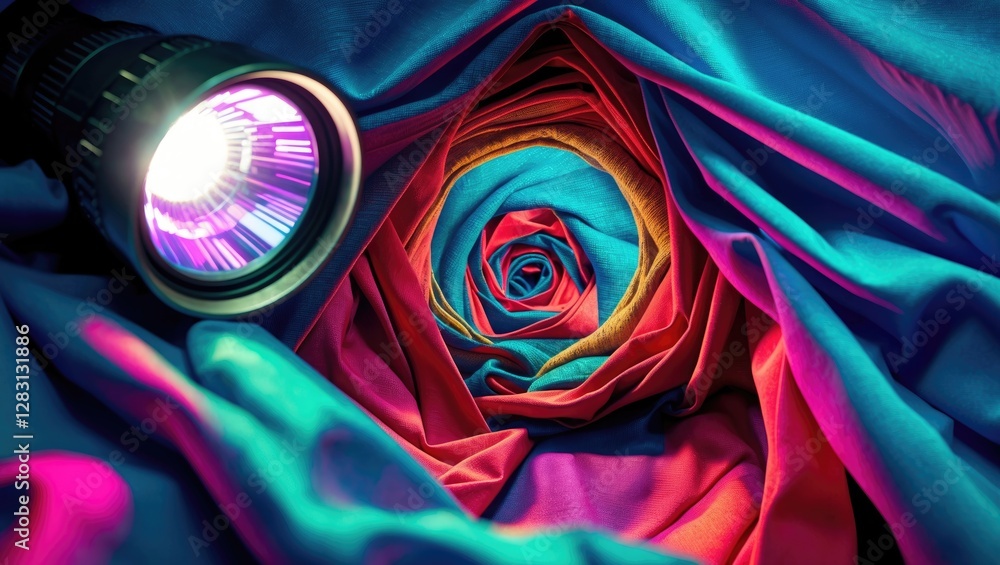 Poster colorful fabric creating a rose shape illuminated by a flashlight in vibrant hues showcasing texture