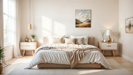 This image shows a peaceful bedroom with a bed decorated with beige and white linens, two bedside tables with lamps and plants, and a large window that fills the room with natural light.