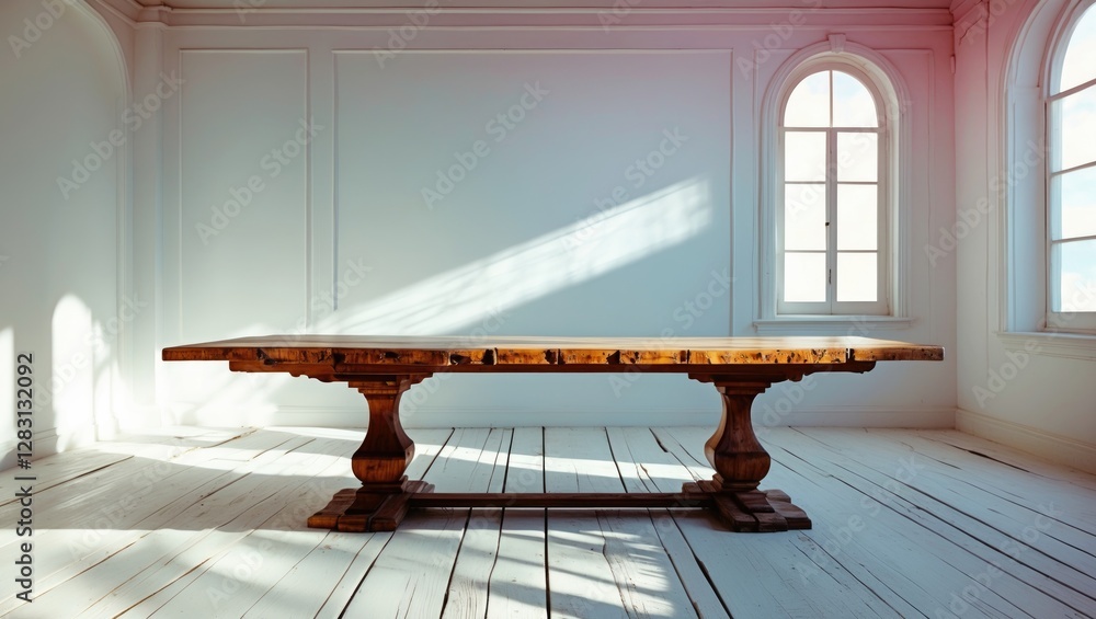 Poster elegant empty wooden table in minimalist interior with natural light and white walls creating a sere