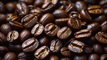 Close-up view of freshly roasted coffee beans showcasing rich textures and deep brown hues ideal for coffee-related projects and marketing.