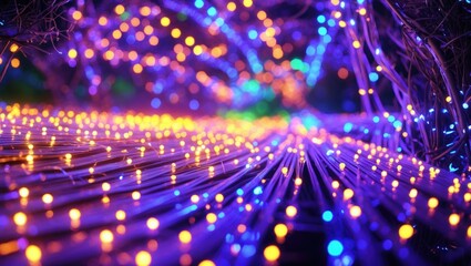 Fototapeta premium Vibrant abstract background of illuminated fiber optic lights creating a dynamic and mesmerizing visual experience in various colors.