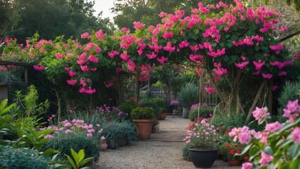 Fototapeta premium Vibrant bougainvillea blossoms creating a stunning pathway in a lush flower garden setting