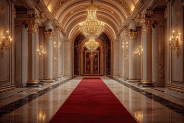 Obraz premium Grand Palace Hallway with Red Carpet and Crystal Chandeliers