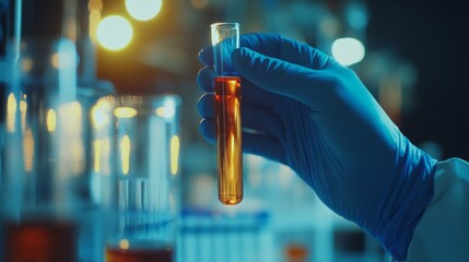 In a laboratory setting illuminated by soft glow, a blue-gloved hand delicately holds a test tube containing a bright orange liquid