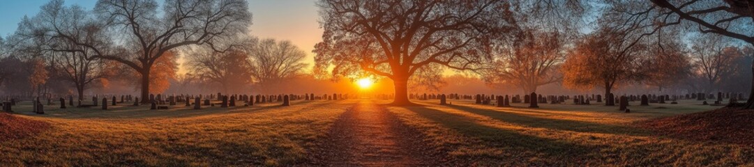 Obraz premium Beautiful sunrise over a quiet cemetery with large trees and gravestones. Generative AI