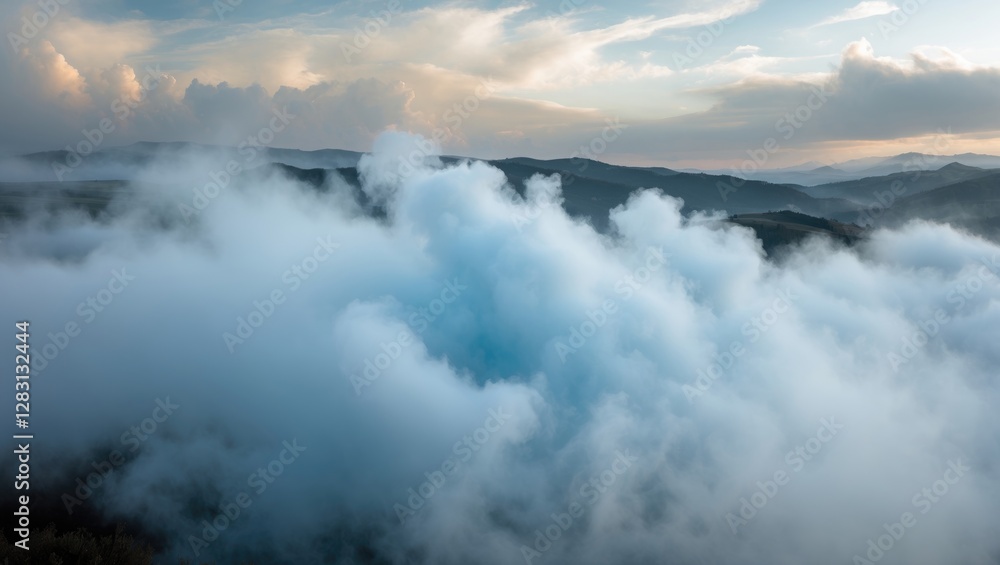 Poster serene landscape view of dense fog enveloping rolling hills under a soft sunset sky creating a tranq