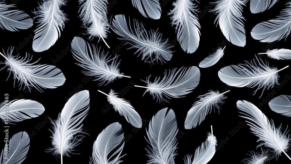 Poster white feathers gracefully falling against a deep black background creating a serene and elegant abst