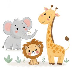 Fototapeta premium Cute Safari Animals Digital Illustration, Pencil Texture, Elephant, Lion, Giraffe, Cartoon, Wildlife
