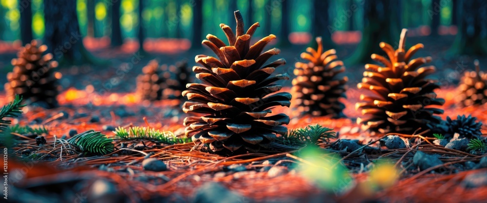 Poster pine cones scattered on the forest floor with a soft bokeh effect highlighting their textures amidst