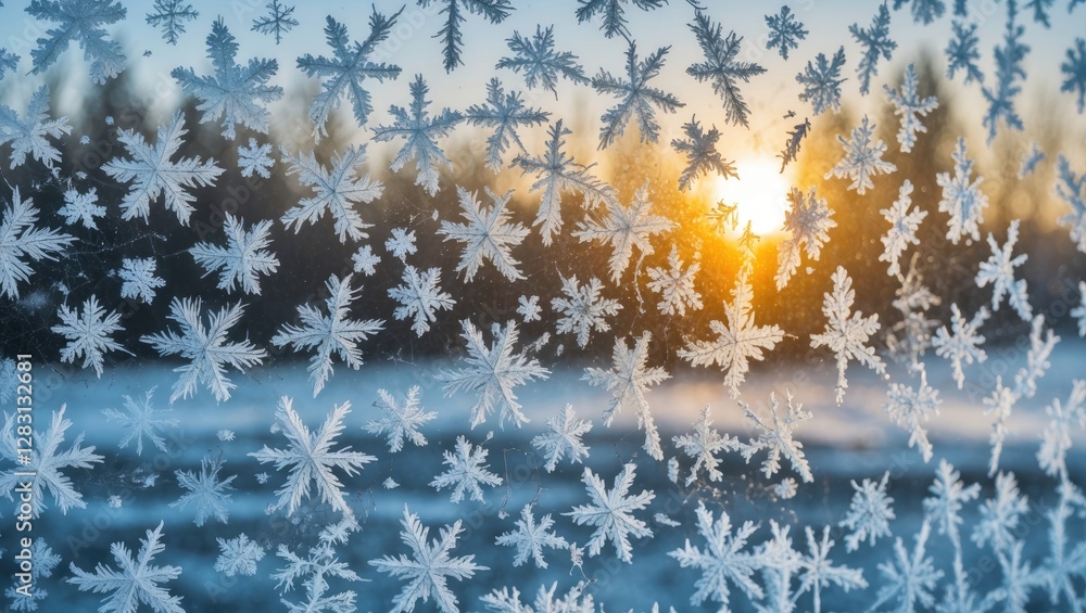 Aufkleber intricate frost patterns on a frozen window with a winter sunset backdrop creating a serene and cold