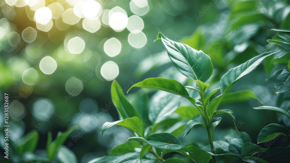 Poster serene green foliage with bokeh effect creating a tranquil natural background perfect for eco-friend