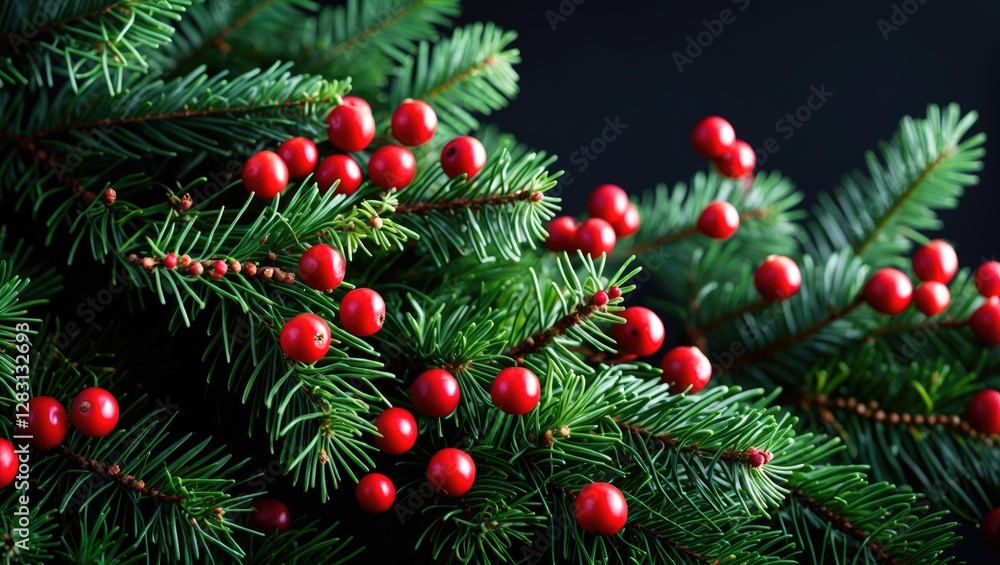 Poster evergreen branches adorned with vibrant red berries against a dark background creating a festive and