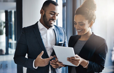 Teamwork, tablet and strategy with business people in office together for project management or...