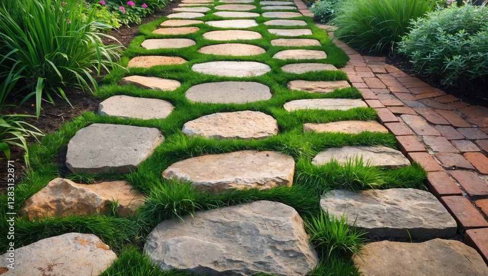 Canvas Prints Stone pathway with grass growing between stones leading through a lush garden showcasing vibrant plants and a brick sidewalk detail.