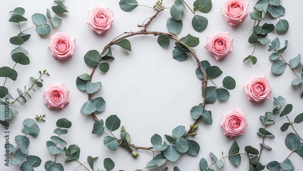 Poster eucalyptus branches and pink roses arranged in a circular frame on a white background with ample cop