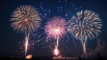 Colorful fireworks display lighting up the night sky with vibrant bursts and patterns creating a festive atmosphere during celebrations.