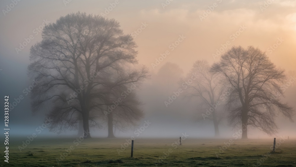 Poster serene fog-covered trees at dawn creating a tranquil and atmospheric landscape scene in soft, muted 