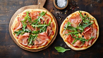 Traditional pizza prosciutto with arugula, baked to perfection in a fiery wood-fired brick oven, captured in a cozy rustic kitchen.