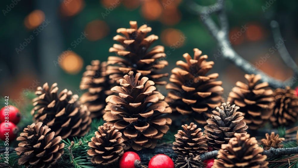 Aufkleber pine cones and berries on a forest floor creating a serene nature backdrop with blurred lights for a