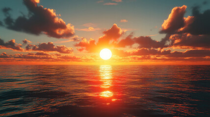 Obraz premium Stunning sunset on the ocean with the sun setting beyond the horizon casting light on water