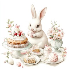 A whimsical scene featuring a bunny surrounded by delicious cakes and spring flowers.