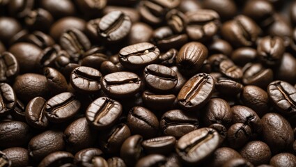 Fototapeta premium Rich espresso coffee beans close-up showcasing their glossy surface and unique textures ideal for coffee lovers and enthusiasts.
