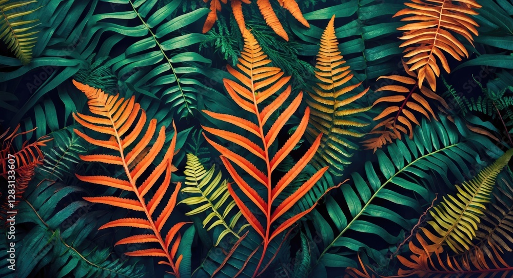 Poster vibrant fern leaf background showcasing diverse textures and colors with ample copy space for creati