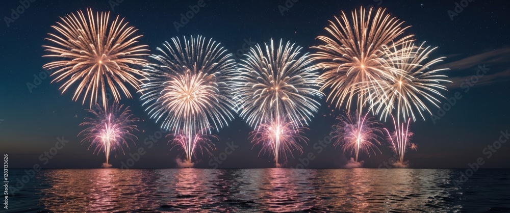Poster colorful fireworks display over serene ocean under starry sky with space for custom text