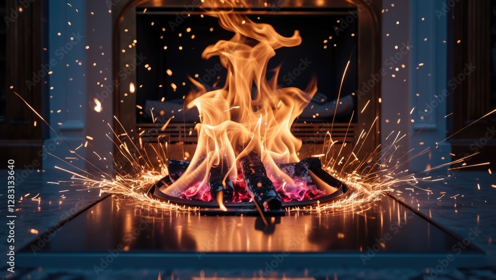 Poster magical display of dancing flames and sparks in a fireplace with long exposure capturing the enchant