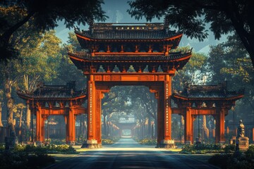 Fototapeta premium Serene Pathway Through Traditional Chinese Gateways