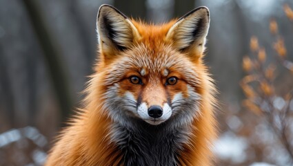 Obraz premium Vibrant close-up of a red fox showcasing its striking orange fur and inquisitive expression in a natural forest setting.