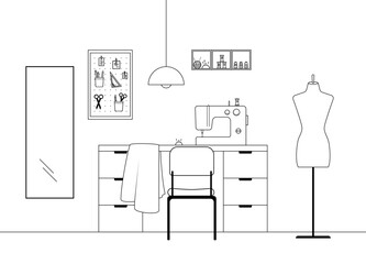 Tailor shop interior. Sewing and tailoring concept. Vector illustration in line art style. 