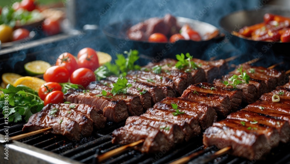 Aufkleber grilled beef skewers on barbecue with fresh vegetables and empty space for text in a summer bbq sett