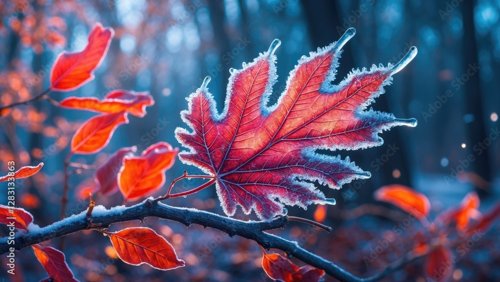 Poster frost-covered vibrant red leaf on a branch surrounded by wintry scenery in a forest setting with sof