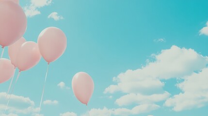 Pink balloons float, sunny sky, clouds, celebration, design