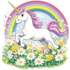 Fototapeta premium A whimsical unicorn frolics in a vibrant field under a colorful rainbow.