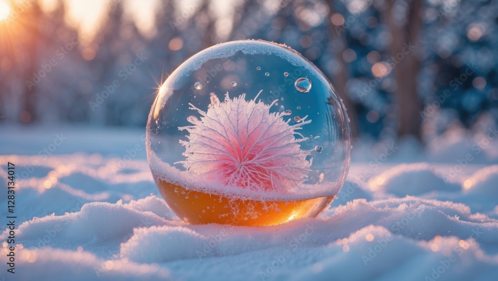 Poster frozen soap bubble in snow showcasing intricate ice patterns and warm sunlight creating a magical wi
