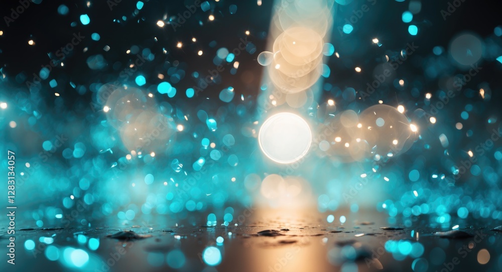 Poster abstract bokeh background with shimmering teal blue and gold light particles creating a magical atmo