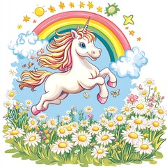 A whimsical unicorn prancing through a field of daisies under a vibrant rainbow.