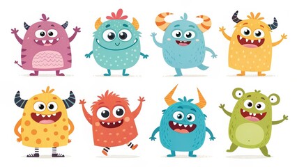 Eight Happy Monsters Colorful Illustration, Design, Cute Cartoon Characters, Kids Art Monsters, Cartoon