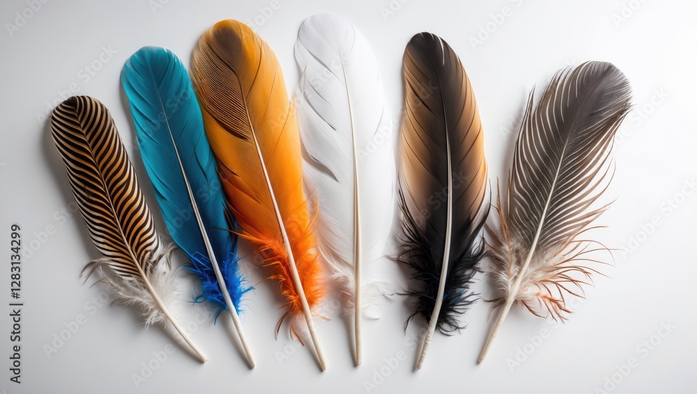 Poster colorful feathers arranged uniformly on a white background showcasing vibrant textures and patterns 