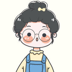 Cute cartoon avatar illustration of a young girl with short hair, round glasses, and rosy cheeks, smiling sweetly against a pastel background.