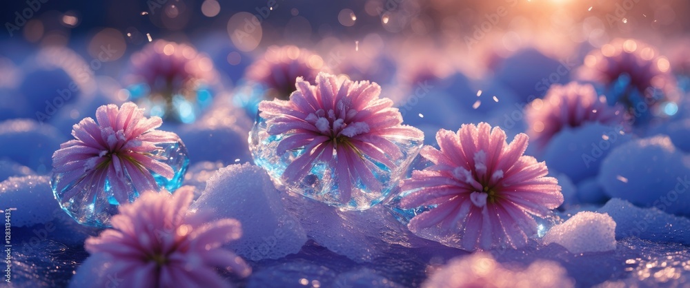 Poster delicate frozen flowers encased in ice shimmering on snow with a soft colorful background at dawn sh