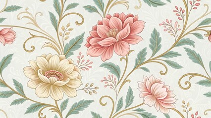 Elegant Floral Damask Seamless Pattern Pink and Beige Blooms, Vintage Design, Botanical Illustration Floral Pattern, Damask Print