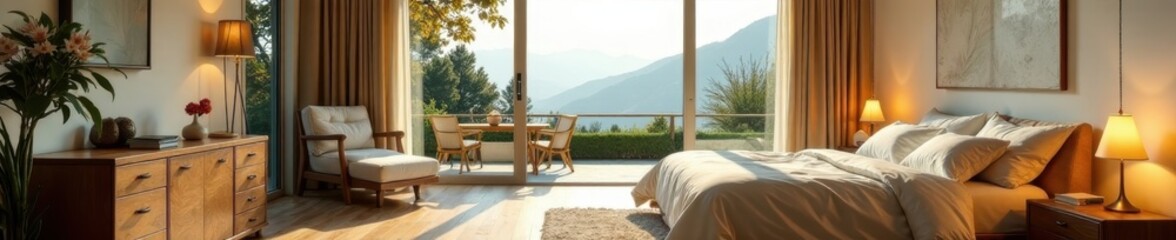 Fototapeta premium Bright bedroom, large windows overlooking porch & stunning vista, sleep, home