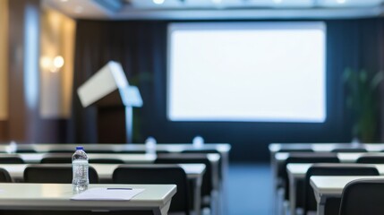 A bright classroom setting with desks, a podium, and a blank screen for presentations.