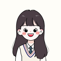Cute cartoon avatar illustration of a young girl with long hair and rosy cheeks, smiling sweetly against a pastel background.