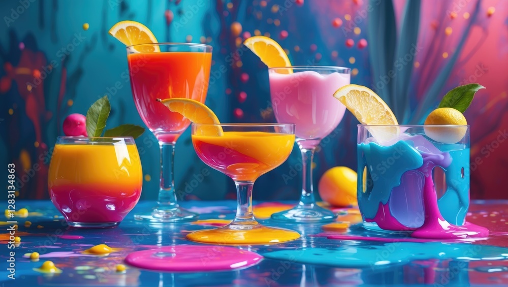 Poster colorful drinks in artistic glassware with vibrant paint splashes on a dynamic background showcasing