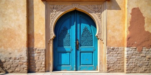 Obraz premium Classic blue Moroccan door, intricate carvings , mediterranean, royal blue, antique