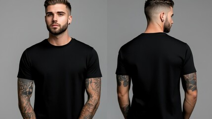 Male Model in Black t-shirt, plain blank tshirt mockup, Black tee, front and back view, with Tattooed Arms